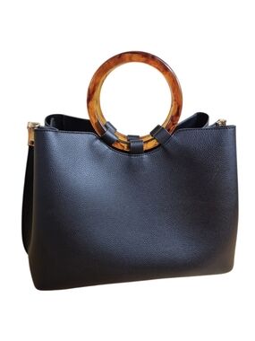Black Solid Handheld Bag with Tortoise Shell Handles